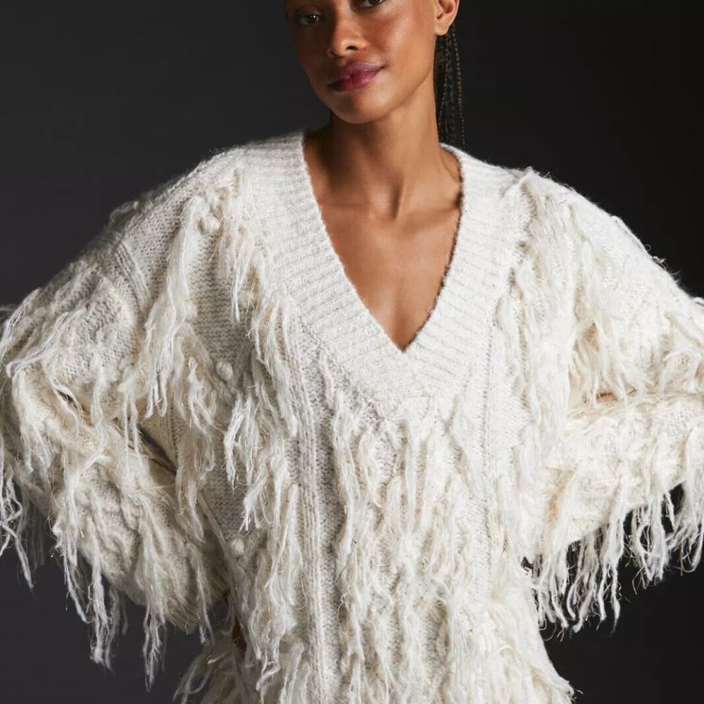 Anthropologie Fringe Sweater Metallic Detail